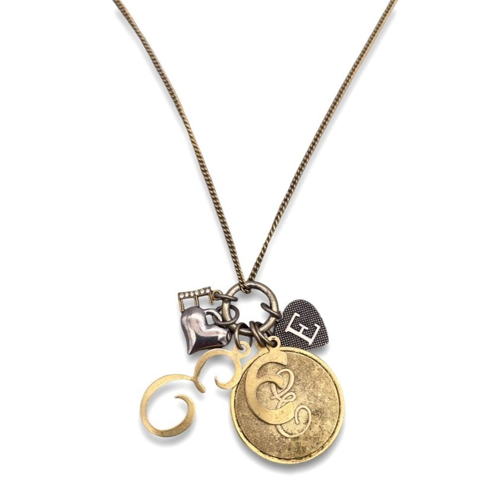 Rhinestone Multi Charm Initial Pendant Chain Necklace Gold Tone 30 Inch
